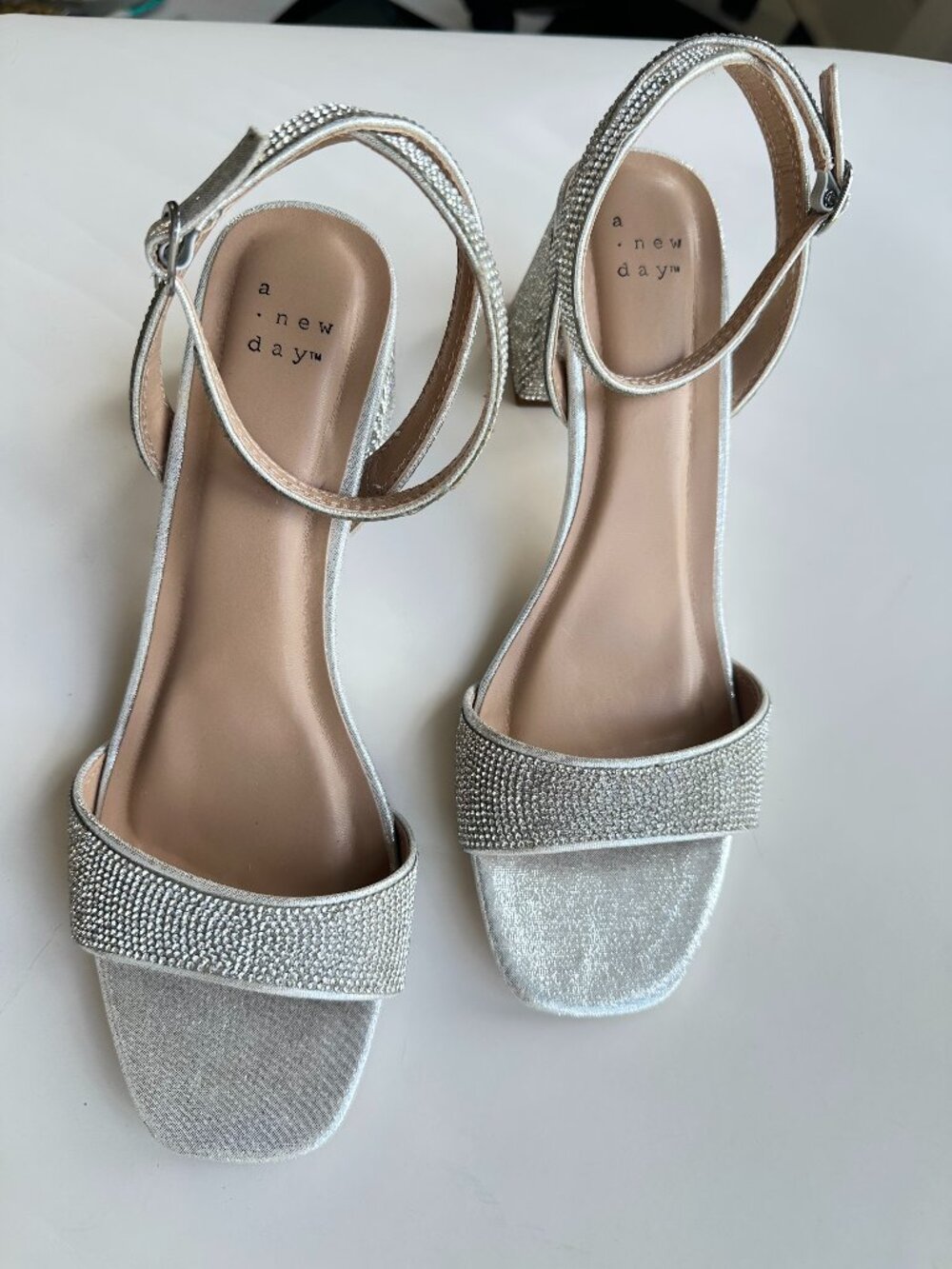 A New Day Silver Rhinestone Block Heel Sandals Women’s Size 10 Sparkle NWOT